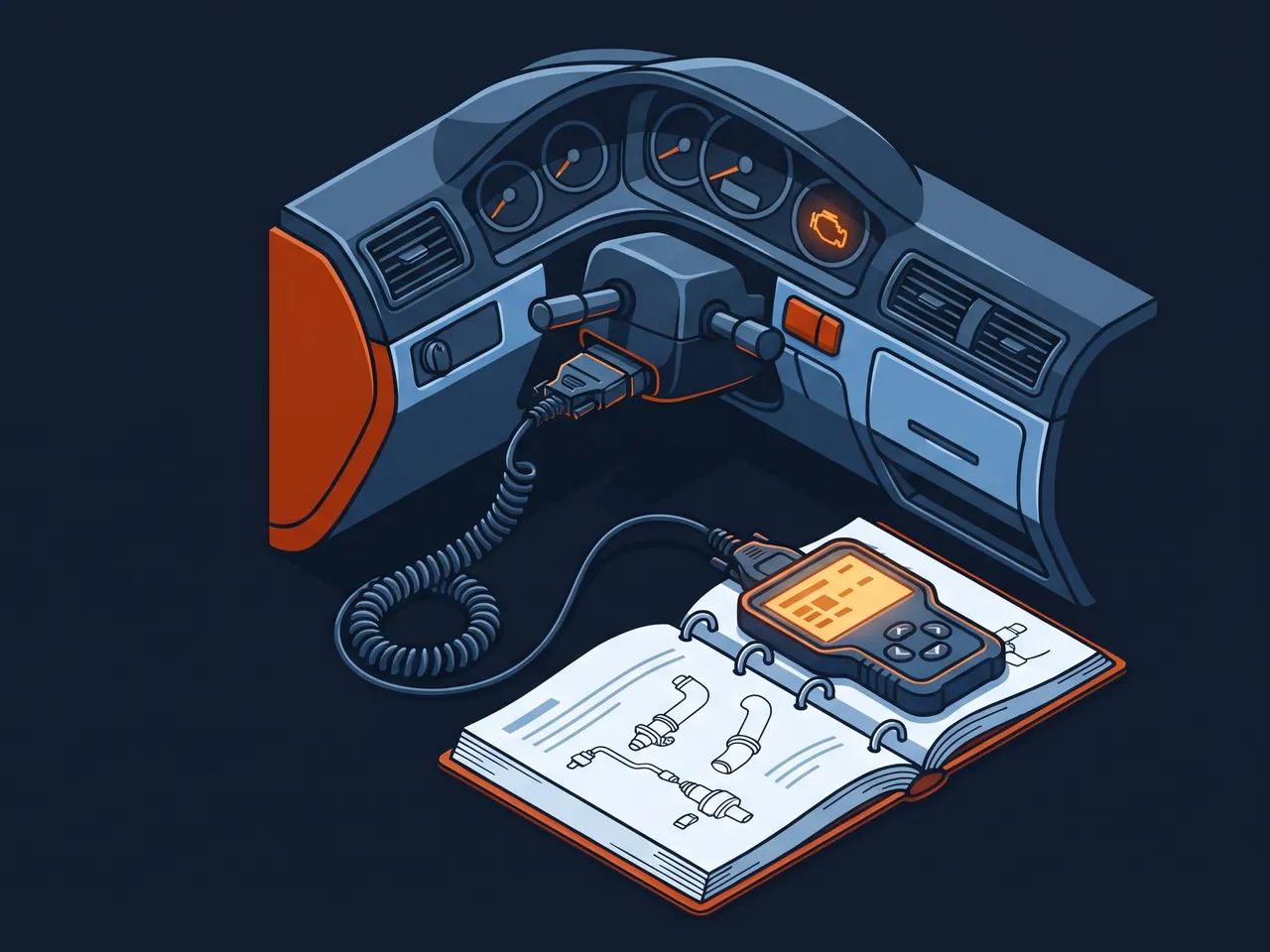 Illustration of a diagnostic scan tool plugged into the OBD port under a car dashboard, with the check engine light on