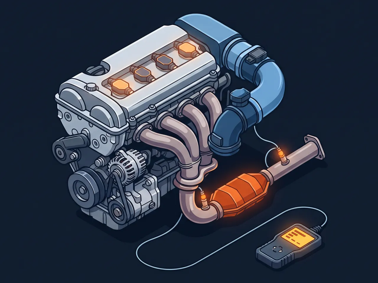 Cutaway illustration of a four-cylinder engine with the ignition coils, intake airflow sensor, catalytic converter and oxygen sensors highlighted
